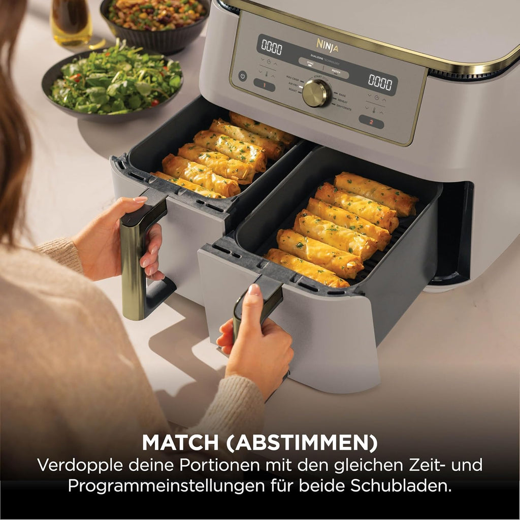 Ninja DZ400EUSGD Foodi Dual Zone Heißluftfritteuse 9,5L – 6 Funktionen, 2470W, Stone Gold