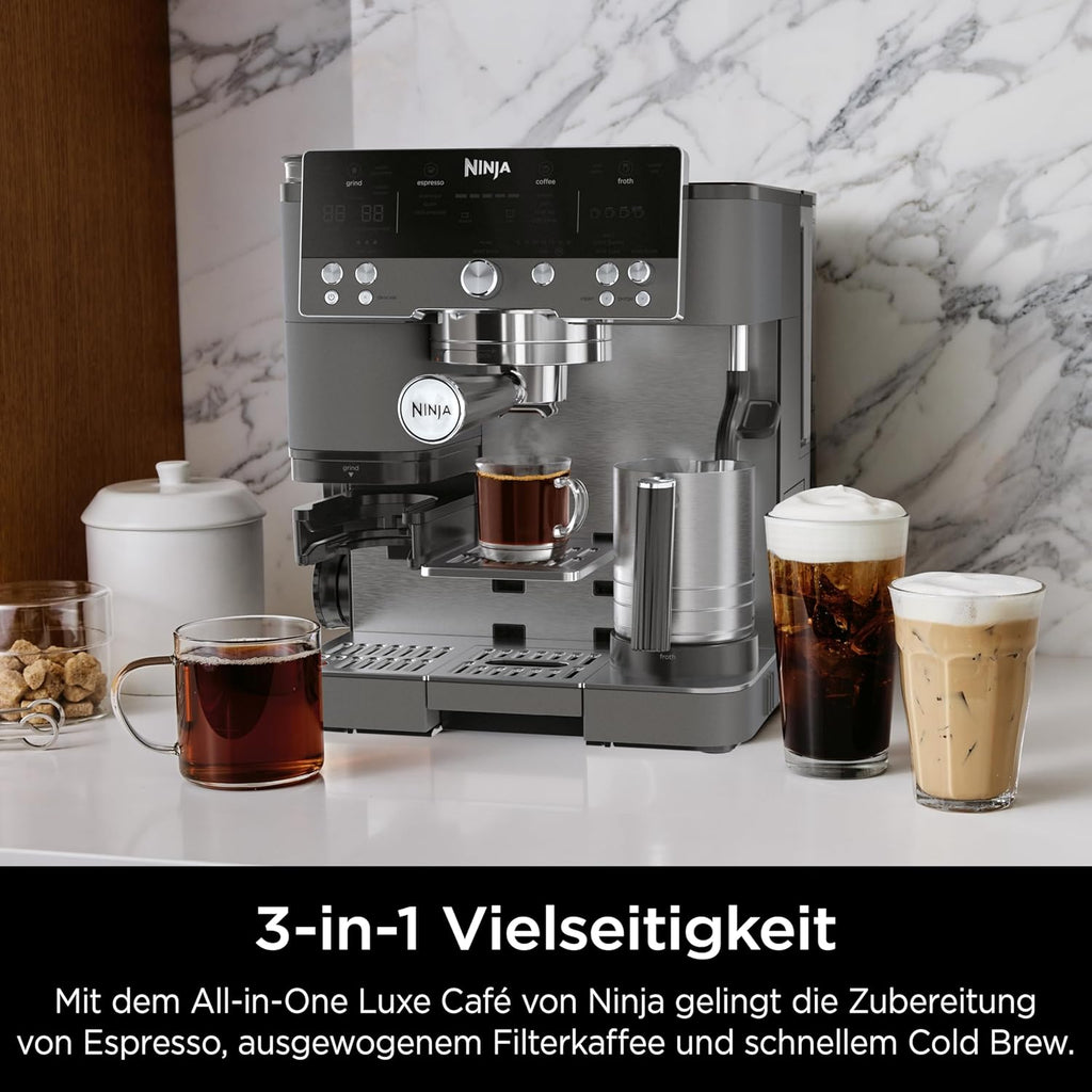 Ninja ES601EUGM Luxe Premier 3-in-1 Kaffeemaschine 2L – Barista-Assist, Mahlwerk, Mikroschaum, Grau Metall