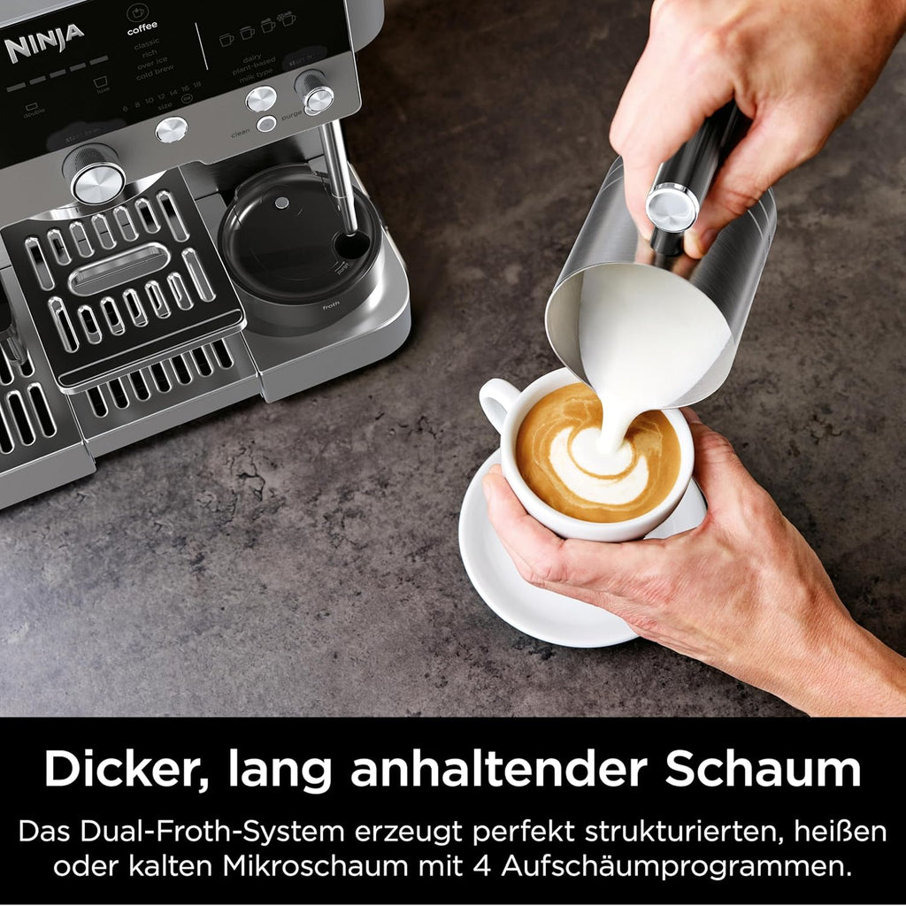 Ninja ES601EUGM Luxe Premier 3-in-1 Kaffeemaschine 2L – Barista-Assist, Mahlwerk, Mikroschaum, Grau Metall