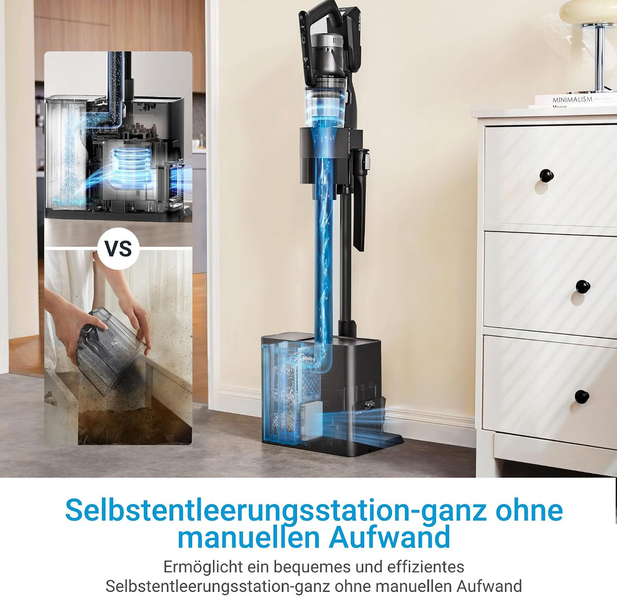 Midea P8 Plus 2-in-1 Akku-Staubsauger 350W – 70 Min, 5-stufig HEPA, Absaugstation, Anti-Tangle
