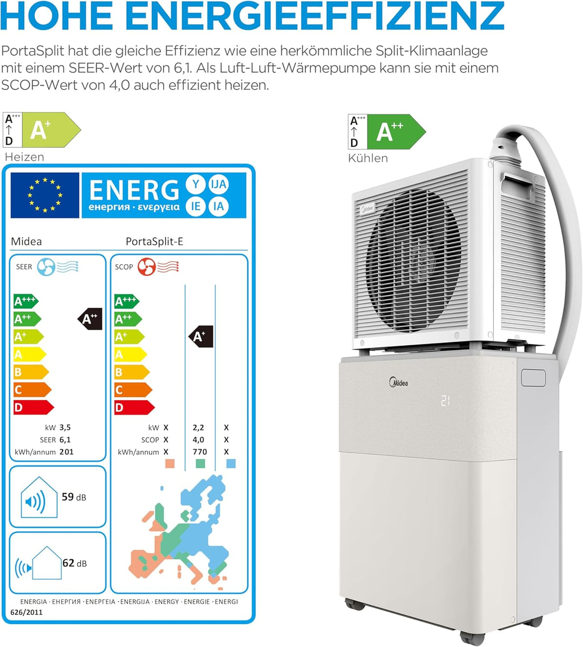 Midea PortaSplit-E Mobiles Klimagerät 12.000 BTU – Heizen & Kühlen, Inverter, App-Steuerung, Pfirsich