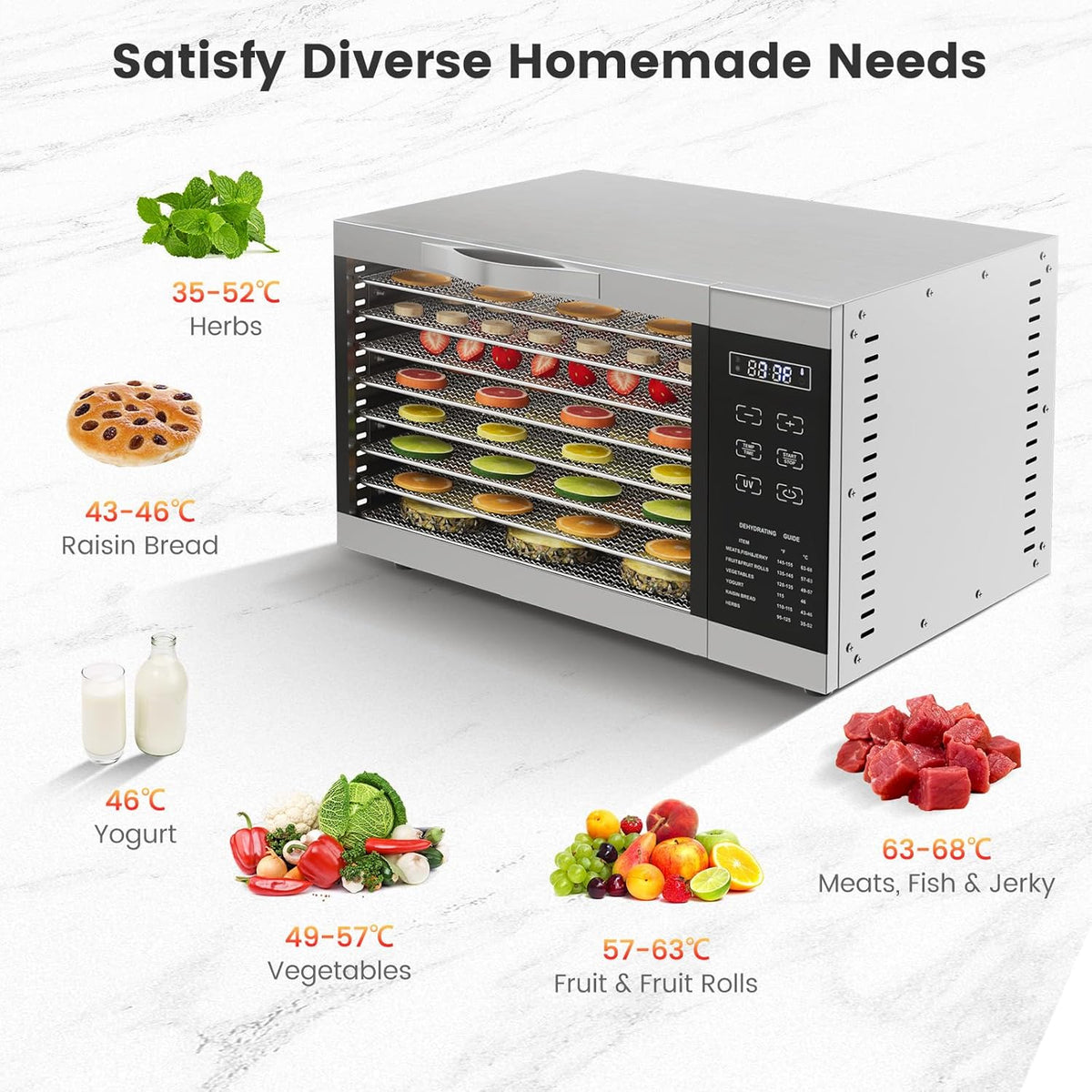 RELAX4LIFE Dörrautomat Edelstahl, Dörrgerät Temperatur einstellbar 30-70℃, Food Dehydrator inkl. 8 Edelstahl-Dörrtabletts, Touch-Display, 24 Std, für Lebensmittel Fleisch Früchte Gemüseo