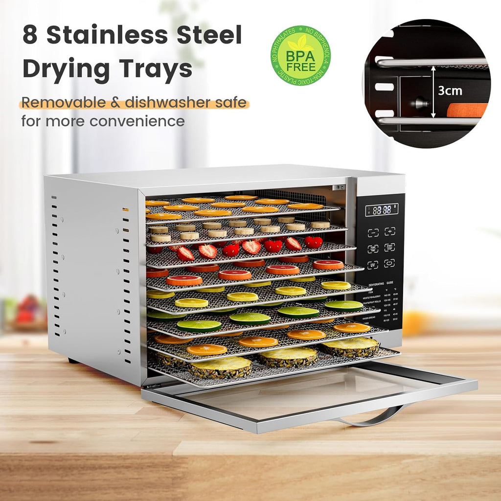 RELAX4LIFE Dörrautomat Edelstahl, Dörrgerät Temperatur einstellbar 30-70℃, Food Dehydrator inkl. 8 Edelstahl-Dörrtabletts, Touch-Display, 24 Std, für Lebensmittel Fleisch Früchte Gemüseo