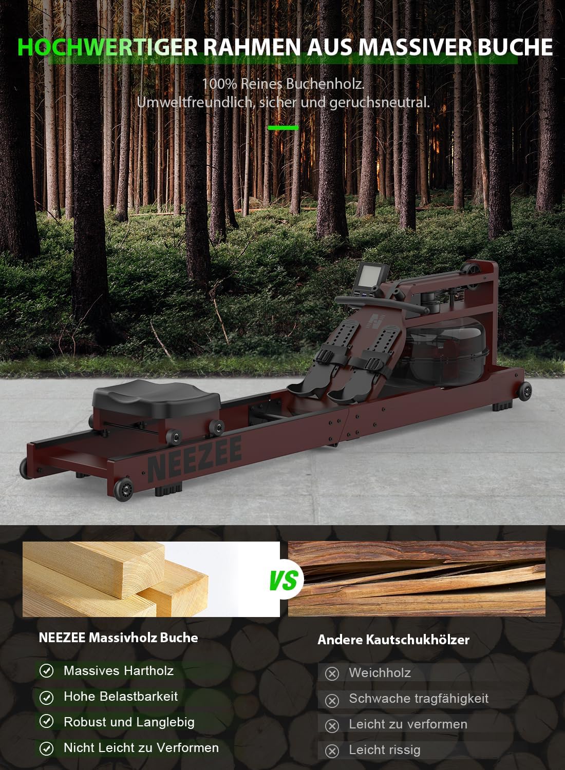 Neezee Water Rudergerät: Massivholz-Heimtrainer ✨