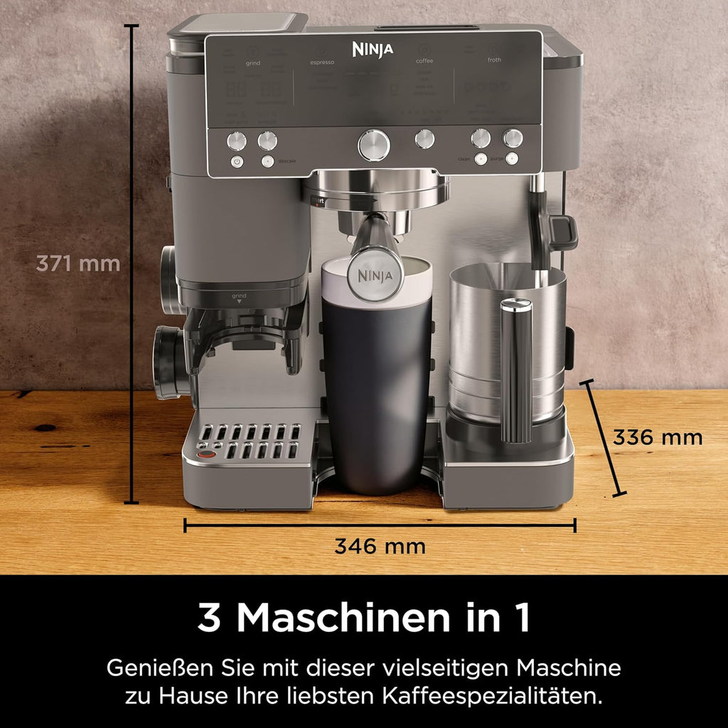 Ninja ES601EUGM Luxe Premier 3-in-1 Kaffeemaschine 2L – Barista-Assist, Mahlwerk, Mikroschaum, Grau Metall