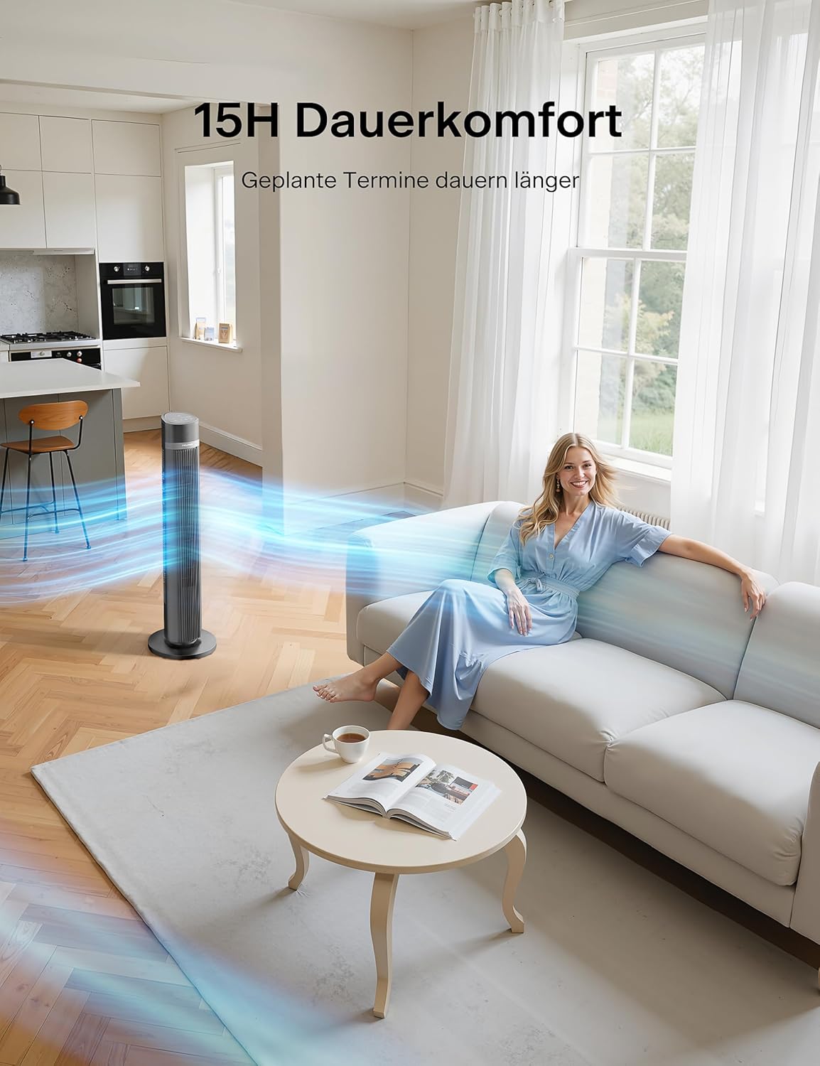 Pelonis PE-FZ10-18TRB-DE Turmventilator 101,6cm – 90° Oszillation, 36dB Nachtmodus, 15h Timer, 4 Stufen, Grau