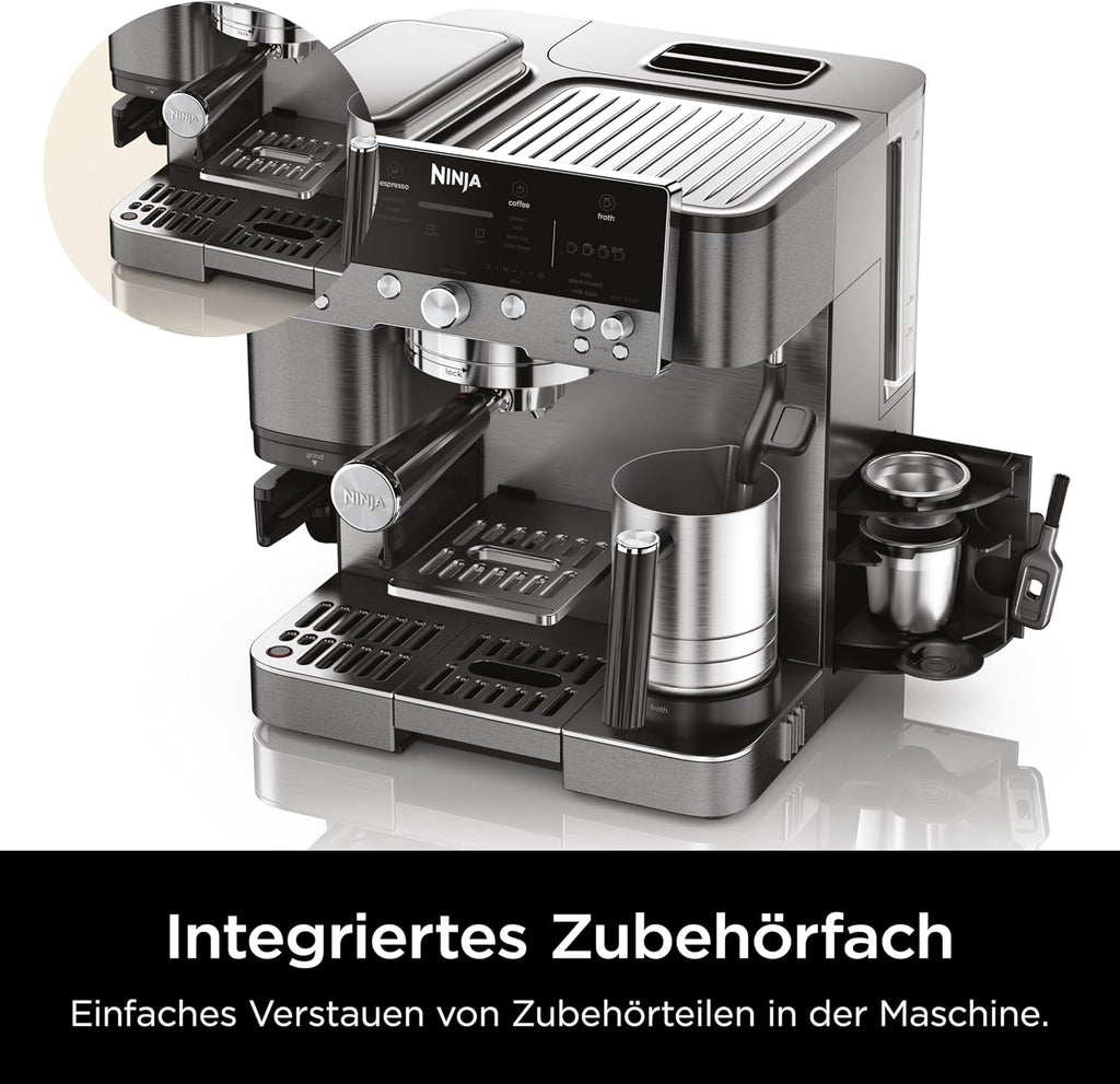 Ninja ES601EUGM Luxe Premier 3-in-1 Kaffeemaschine 2L – Barista-Assist, Mahlwerk, Mikroschaum, Grau Metall