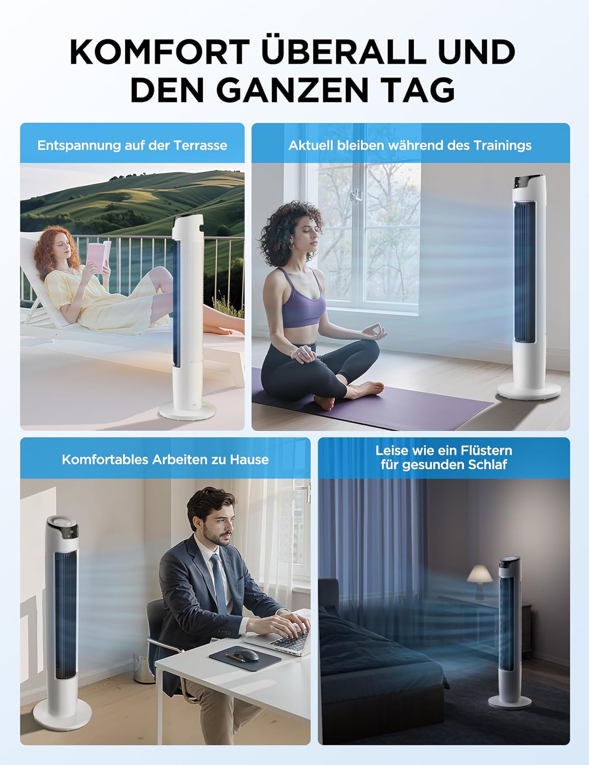 Midea FZ10-16AR Turmventilator 111cm – 6 Stufen, 3 Modi, 32dB, 60° Oszillation, 12h Timer, Weiß