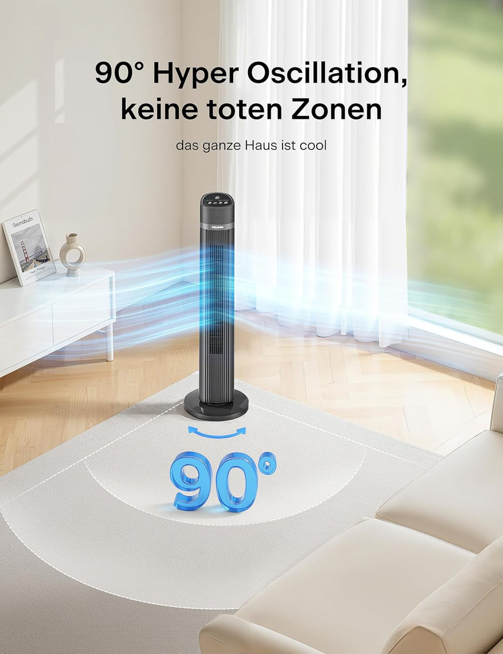 Pelonis PE-FZ10-18TRB-DE Turmventilator 101,6cm – 90° Oszillation, 36dB Nachtmodus, 15h Timer, 4 Stufen, Grau