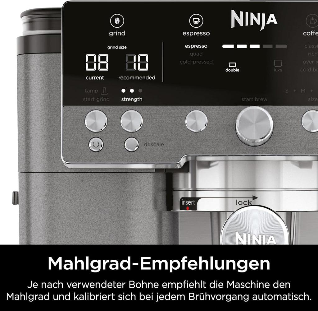 Ninja ES601EUGM Luxe Premier 3-in-1 Kaffeemaschine 2L – Barista-Assist, Mahlwerk, Mikroschaum, Grau Metall