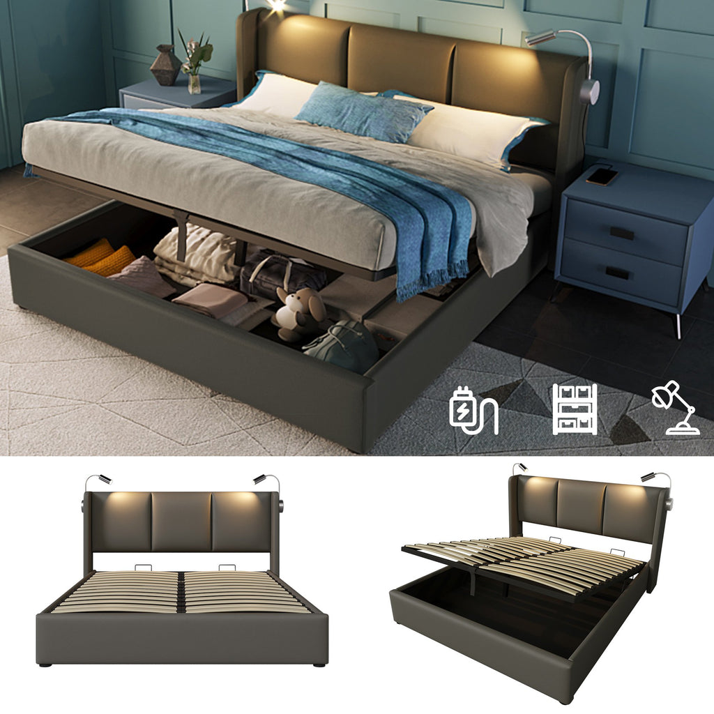 Bettgestell 140x200 – Doppelbett mit Stauraum, LED-Lampe und USB-Anschluss fürs Wohnzimmer, robust, gepolstertes Kopfteil, grau