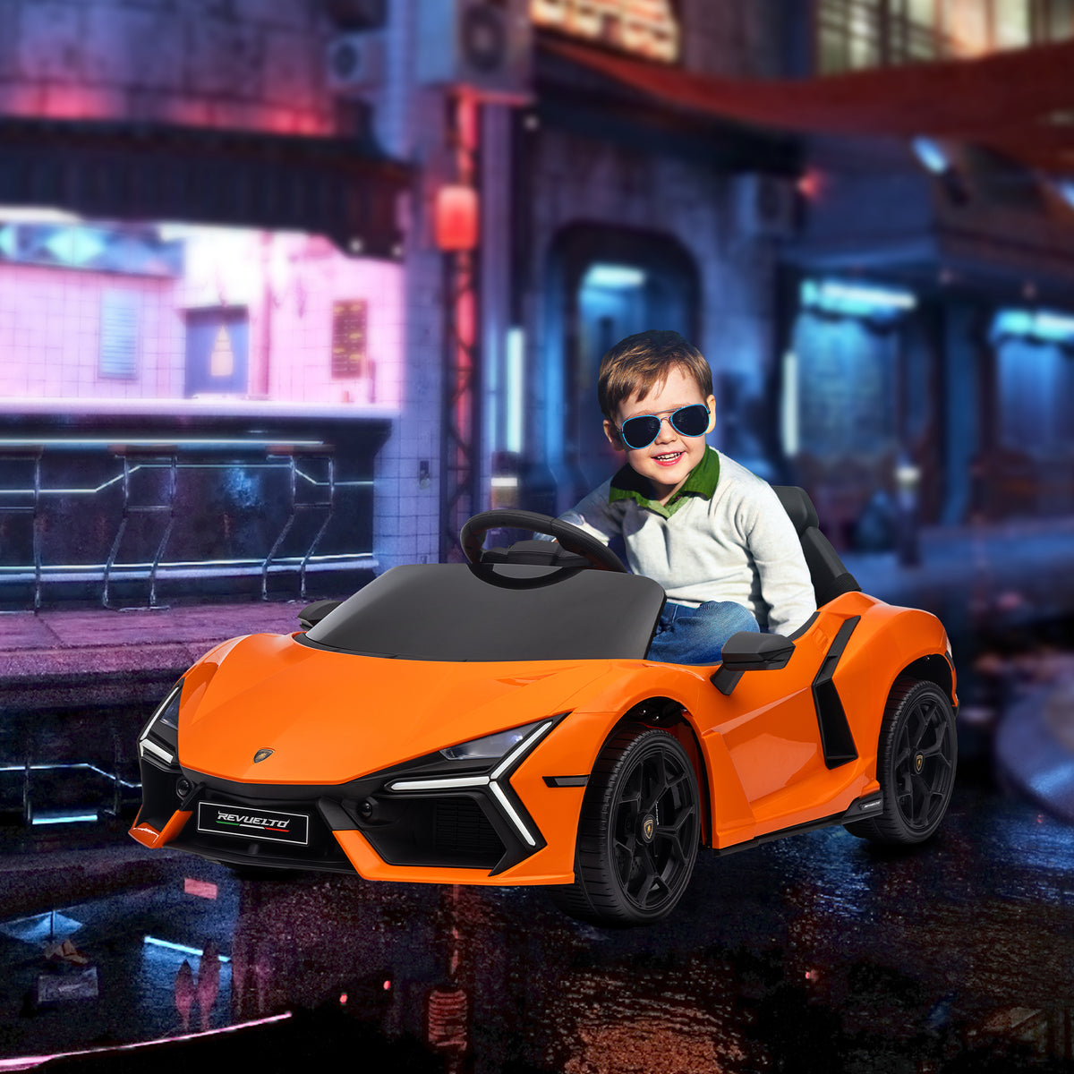 AIYAPLAY Elektroauto für Kinder von 3-5 Jahren, sanfter Antrieb, fernsteuerbar, mit Hupe, Kunststoff und Metall, Orange
