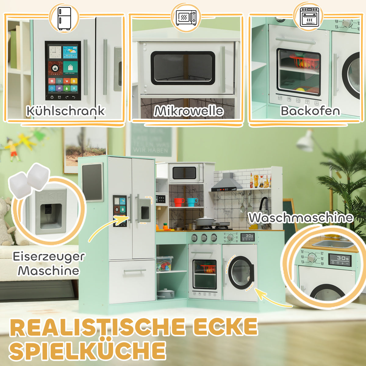 AIYAPLAY Kinderküche zum Spielen, Küchenset mit Tafel, Dunstabzugshaube, realistische Licht- und Soundeffekte, Küchenutensilien