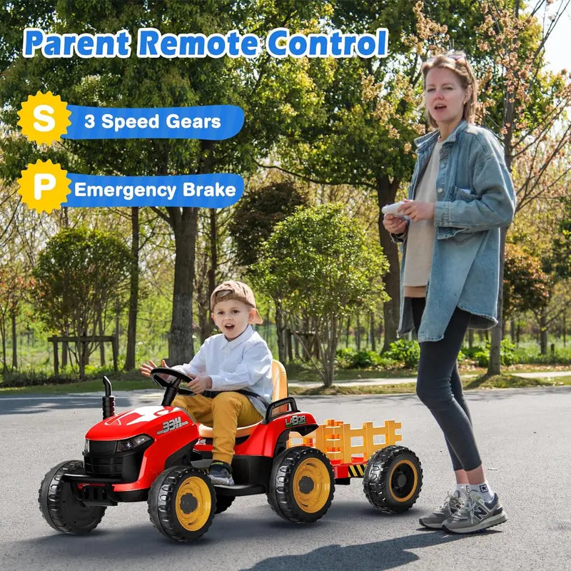 24V Ride-On Tractor for Kids – Tilting Detachable Trailer, Dual 65W Motors, Bluetooth, Remote Control & Music Features