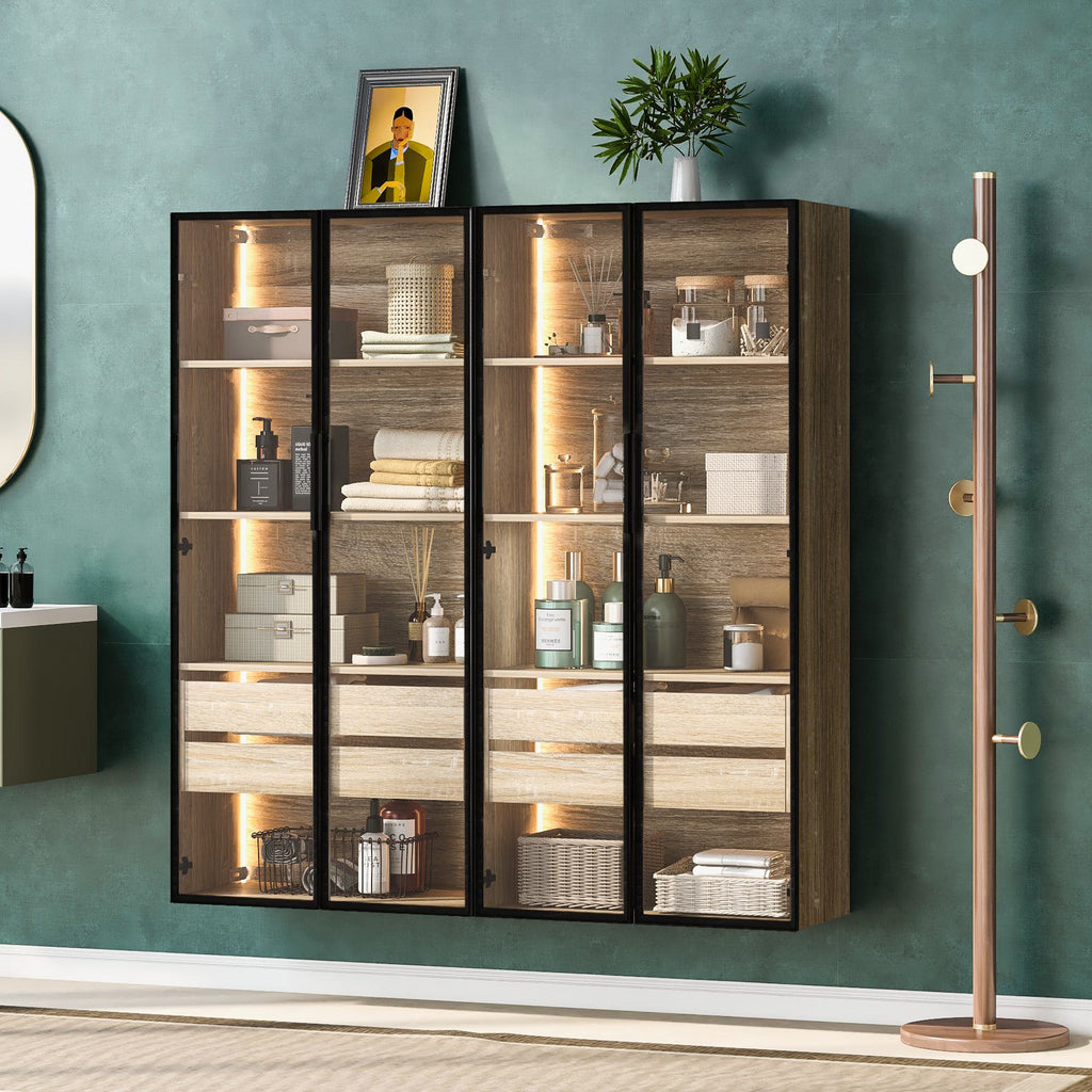 Badezimmerschrank 74x36x155 cm MDF mit LED-Beleuchtung, 2 Schubladen, 2 Türen, Milchglas, Schwarz