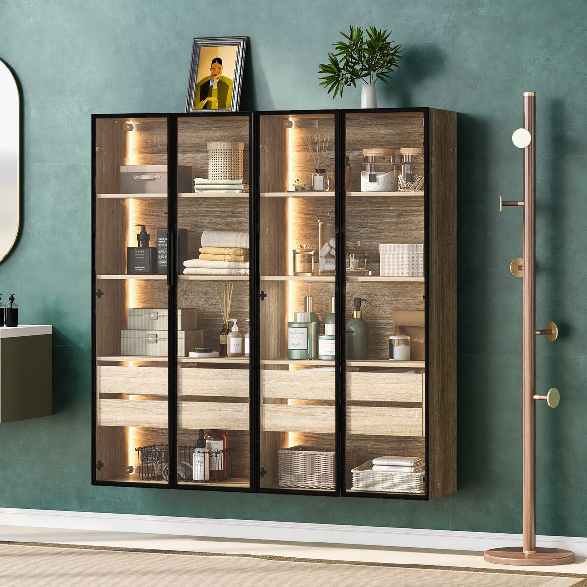 Badezimmerschrank 74x36x155 cm MDF mit LED-Beleuchtung, 2 Schubladen, 2 Türen, Milchglas, Schwarz