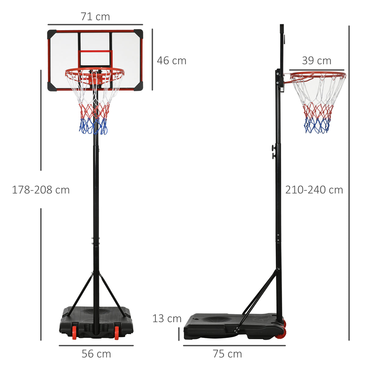 SPORTNOW Outdoor-Basketballkorb, 178-208 cm Verstellbare Korbhöhe, Basketballständer mit Rollen, für Kinder, Jugendliche, Rot