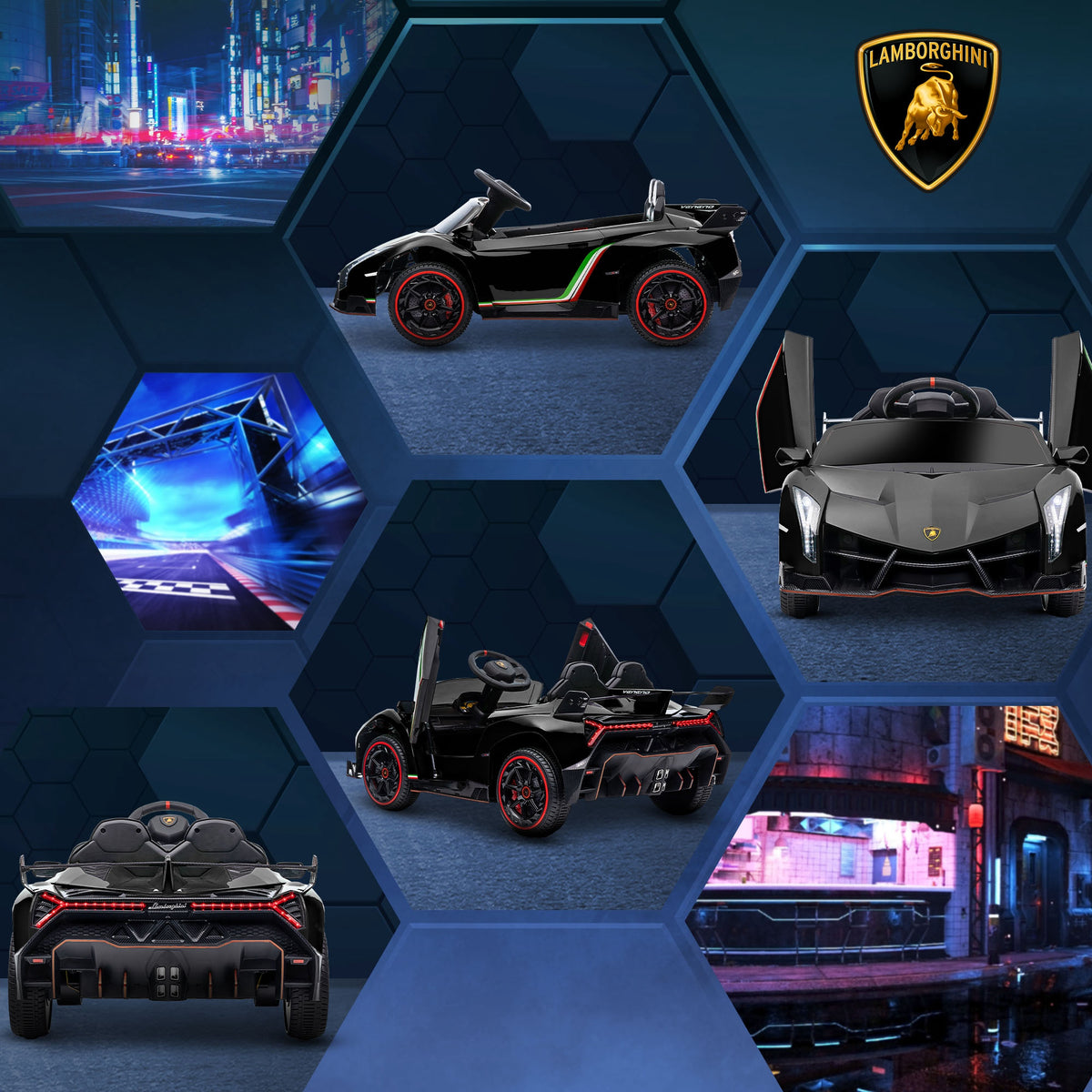HOMCOM Elektro Kinderauto, lizenzierter Lamborghini Veneno, 3-7 km/h, Flügeltüren, Musikplayer, Fernsteuerung, Schwarz