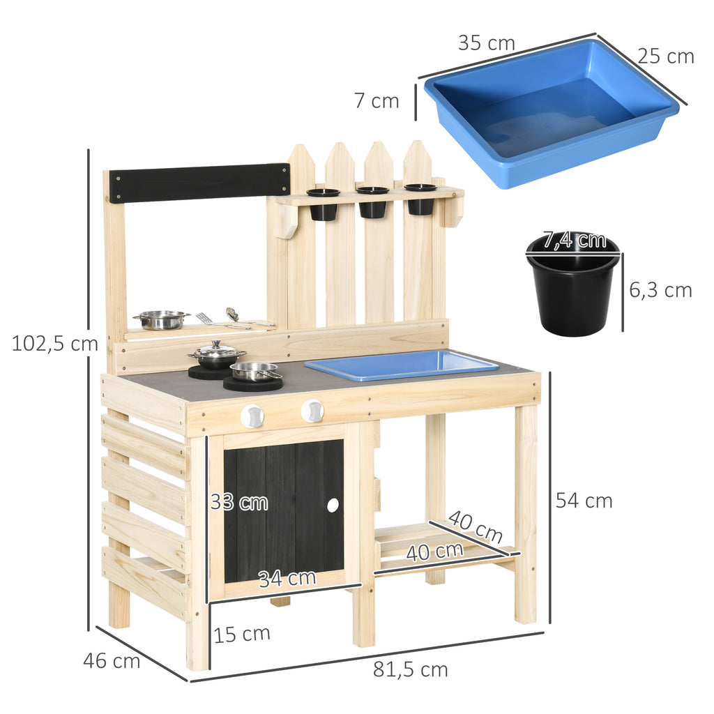 Outsunny Matschküche Outdoor Sandspieleset aus Holz Gartenküche Spieltisch Sand mit Pflanztöpfe Edelstahl Zubehör Spielzeugset Spielzeugküche für 3-7 Jahre 81,5 x 46 x 102,5 cm