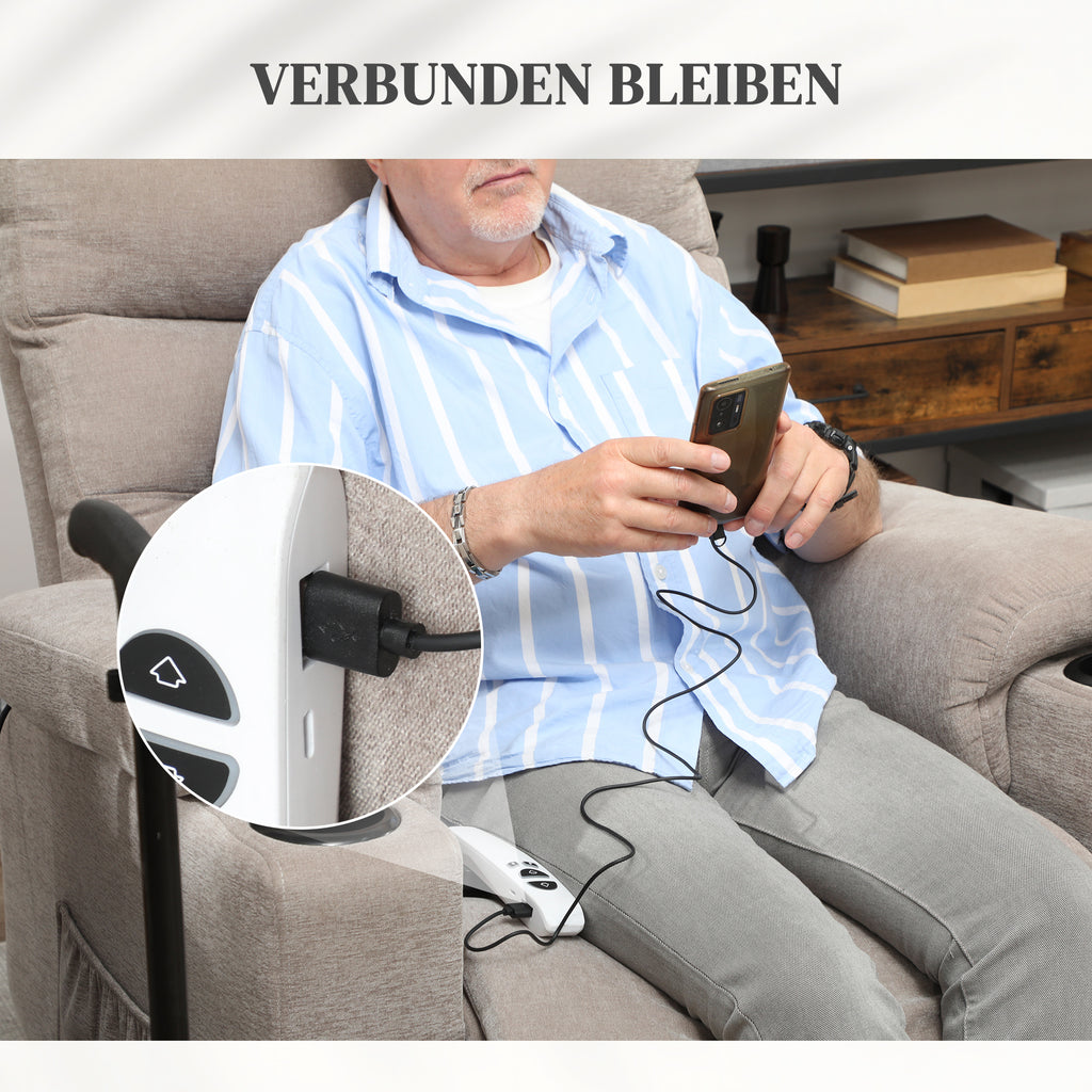 HOMCOM Massagesessel mit Aufstehfunktion, 8 Vibrationsmassagepunkte, Elektrischer Polstersessel mit 2 Fernbedienungen Hellbraun