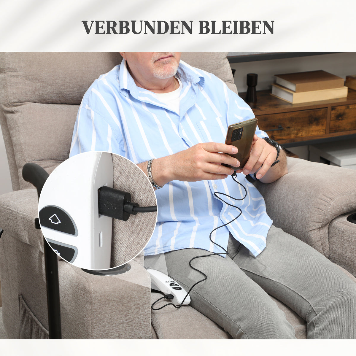 HOMCOM Massagesessel mit Aufstehfunktion, 8 Vibrationsmassagepunkte, Elektrischer Polstersessel mit 2 Fernbedienungen Hellbraun