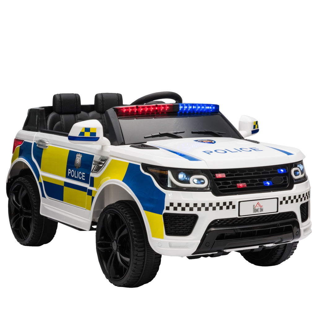 HOMCOM Elektroauto für Kinder im Polizei Design, 12V Batterie und Fernbedienung, Sirene Lichter USB Anschluss für Musik, 110x68x52cm, Weiß