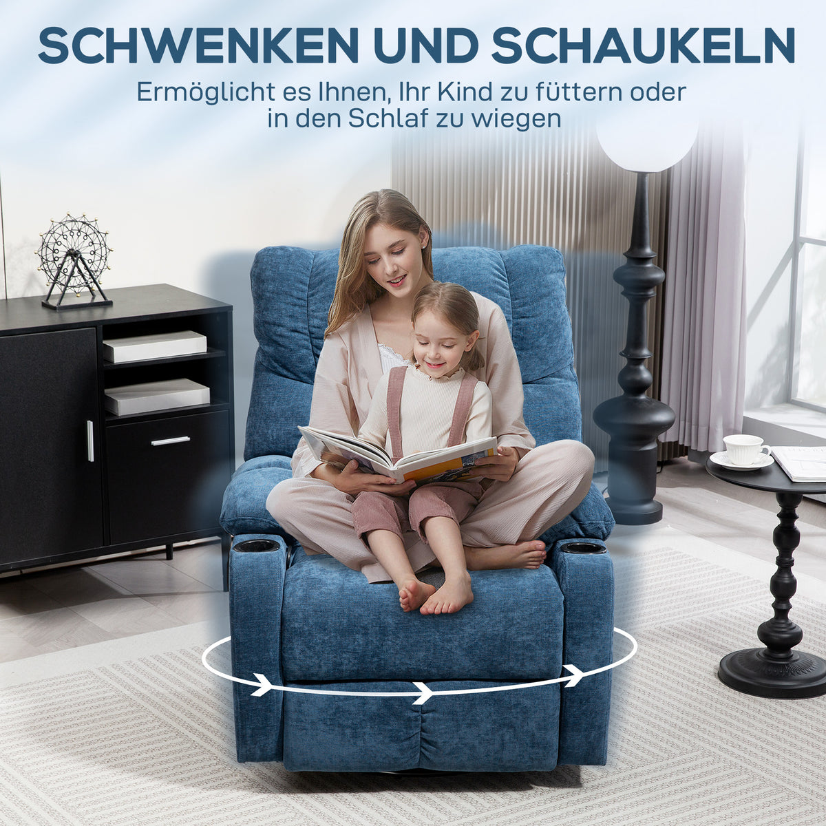 HOMCOM Relaxsessel mit Fußstütze, Liegesessel, drehbar, bis 150 kg, Stahlrahmen, 88x96x108cm, Dunkelblau