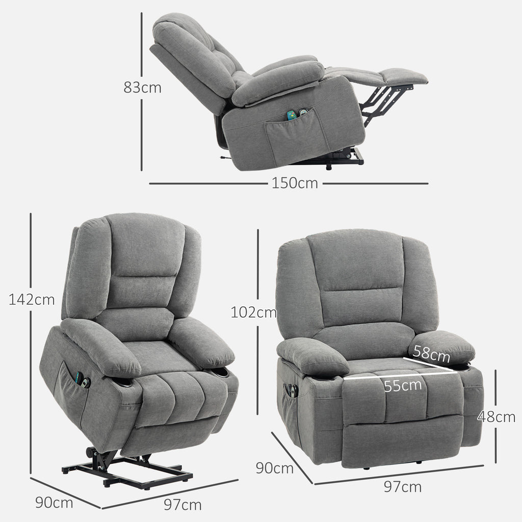 HOMCOM Elektrischer Relaxsessel mit Aufstehhilfe, Massagesessel mit Wärmefunktionen, 2 Fernbedienungen, weicher Schaumstoff