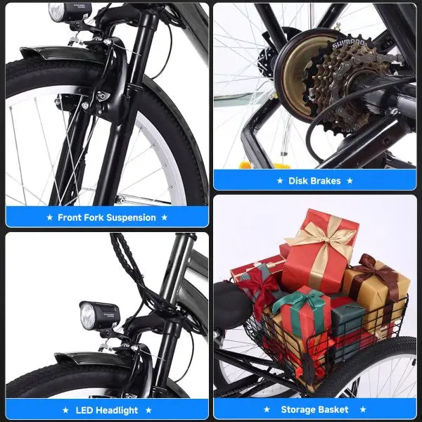 26-Inch Adult Electric Tricycle – 3-Wheel Fat-Tire Design, 7-Speed, 350W Motor, 36V 10Ah Removable Battery