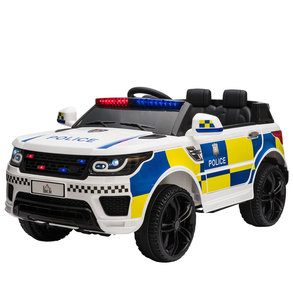 HOMCOM Elektroauto für Kinder im Polizei Design, 12V Batterie und Fernbedienung, Sirene Lichter USB Anschluss für Musik, 110x68x52cm, Weiß