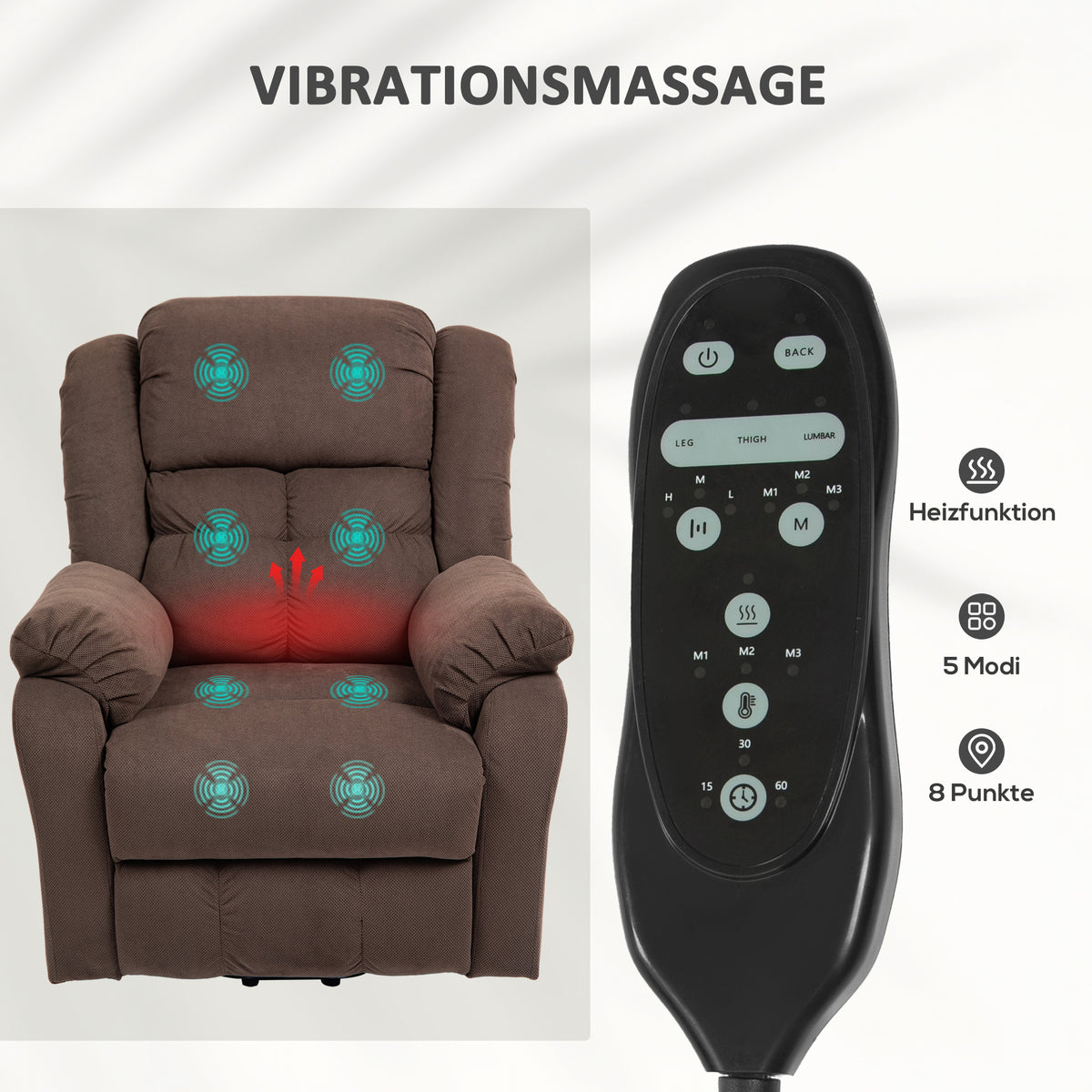 HOMCOM Aufstehsessel mit Massagefunktion und Lendenheizung, Recliner-Sessel mit Fernbedienungen und Seitentaschen, Dunkelbraun
