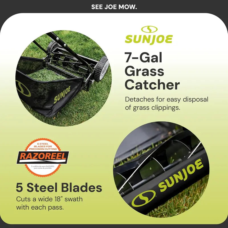18-Inch Manual Reel Lawn Mower with Grass Catcher – Eco-Friendly, Quiet, and Low-Maintenance Push Mower