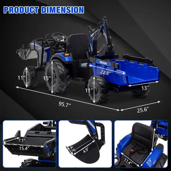 24V 3-in-1 Ride-On Tractor – Excavator & Bulldozer Functions, Remote Control, LED Lights, Bluetooth Audio (Blue)