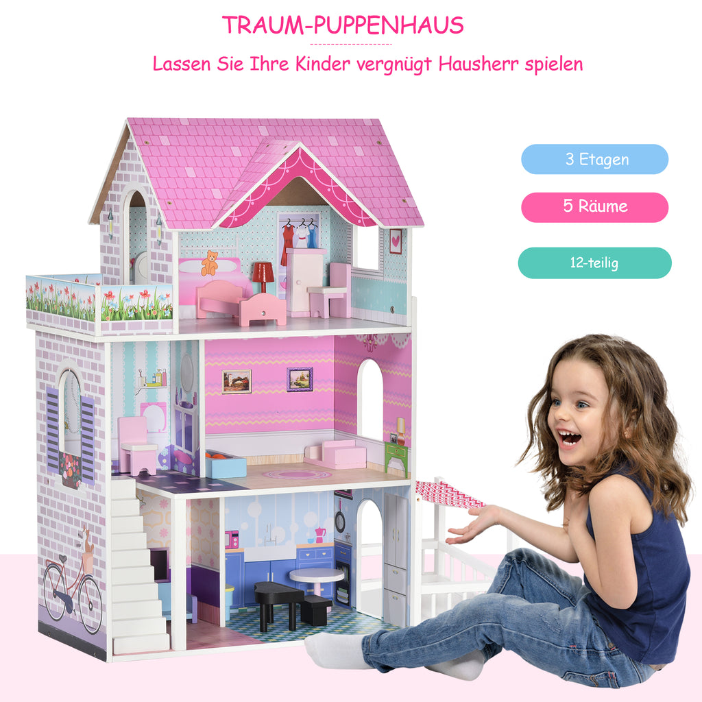 HOMCOM Puppenvilla Mädchen Spielzeug Kinder Puppenhaus aus Holz Puppenstube Dollhouse 3 Etagen mit Möbel und Zubehör 86 x 30 x 87 cm