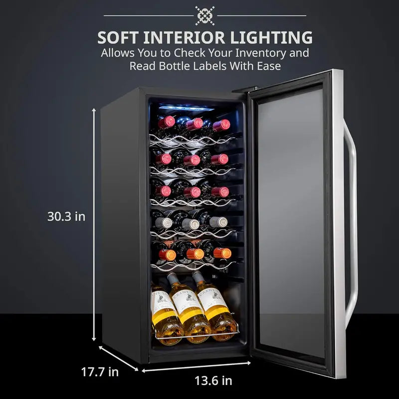 18-Bottle Freestanding Wine Cooler with Lockable Glass Door — Adjustable Digital Thermostat (41°F–64°F) for Red, White, and Sparkling Wines