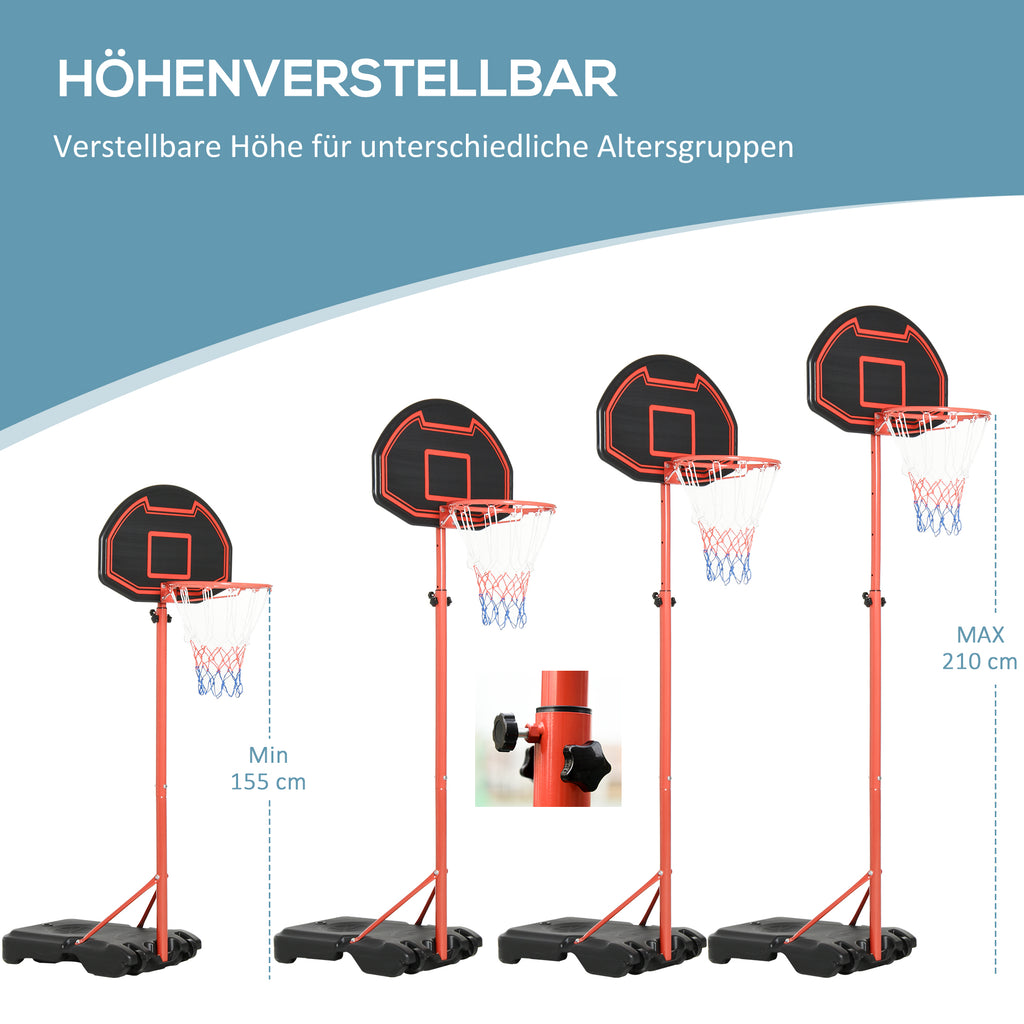 HOMCOM Höhenverstellbarer Basketballkorb, stabiler Standfuß, wetterfest, tragbar mit Rädern, Rot/Schwarz