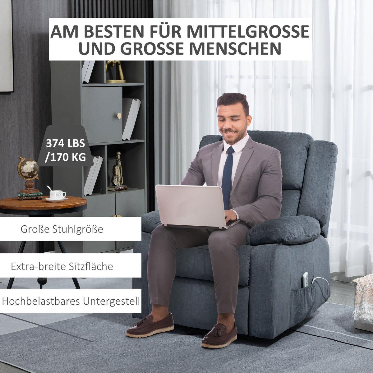 HOMCOM Aufstehsessel, Relaxsessel, mit Liegefunktion, Fernbedienung, Samtoptik, grau, 92 x 93 x 105 cm
