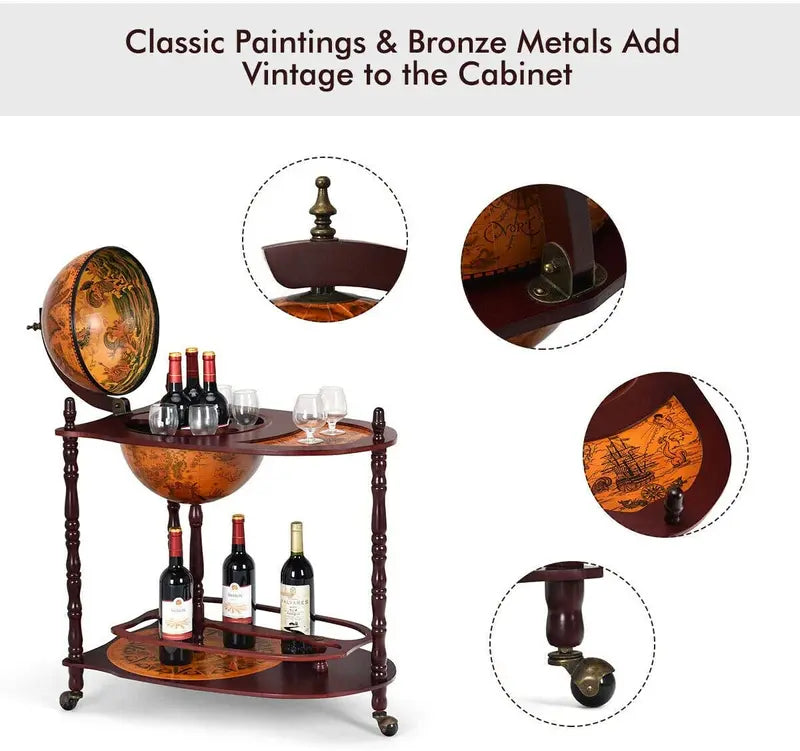 16th-Century Italian-Style Wine Bar Stand – 34-Inch Wood Globe Rack with Expanded Bottle Shelf