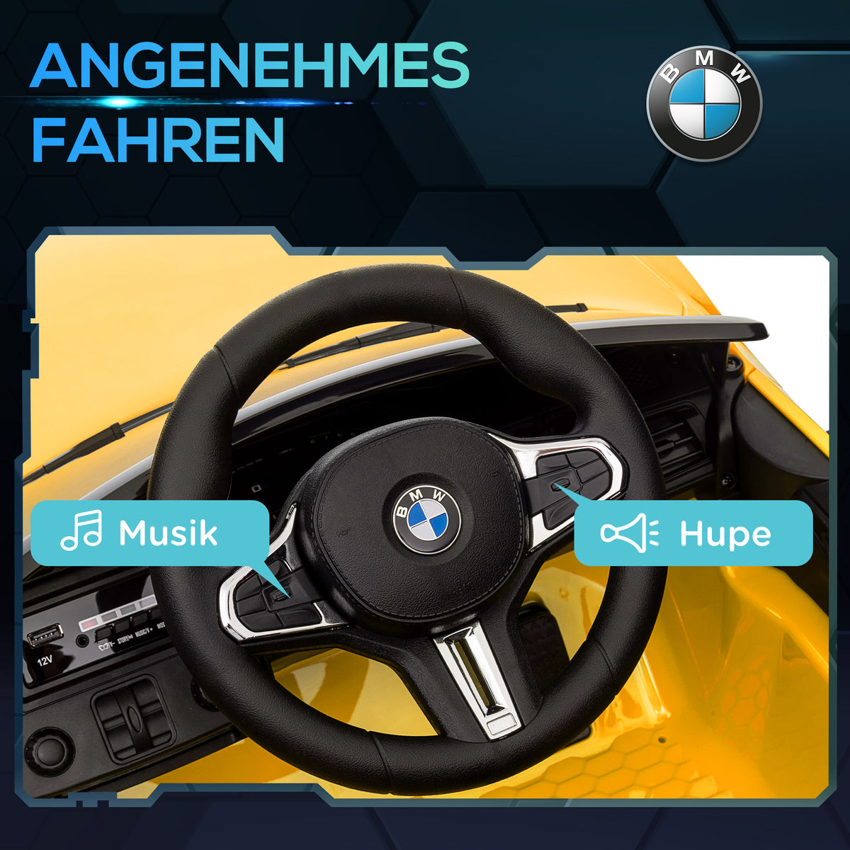 AIYAPLAY Elektro Kinderauto BMW M4, Sound & Licht, 3-5 km/h, inkl. Fernsteuerung, für 3-5 Jahre, Gelb