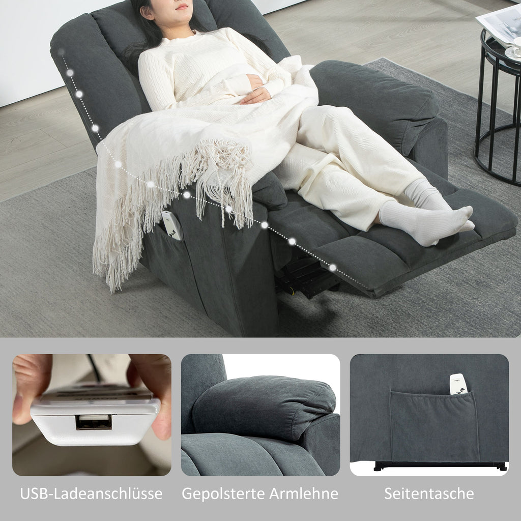 HOMCOM Elektrischer Relaxsessel mit Massage- und Wärme-Funktionen, Polstersessel mit USB-Anschluss, Seitentaschen, Grau