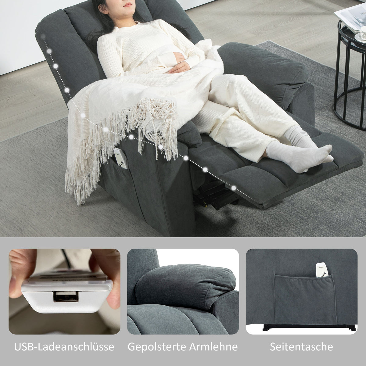 HOMCOM Elektrischer Relaxsessel mit Massage- und Wärme-Funktionen, Polstersessel mit USB-Anschluss, Seitentaschen, Grau