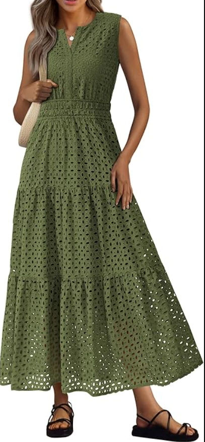 Womens 2026 Summer Maxi Dresses Sleeveless Sundresses V Neck Eyelet A Line Long Flowy Spring Wedding Guest Dress