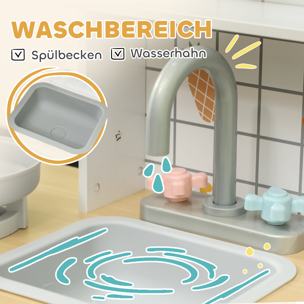 AIYAPLAY Spielküchen-Set, Kinderküche mit Effekten, Kaffeemaschine, Ofen, viel Stauraum, MDF, Edelstahl, für Kinder ab 3 Jahren