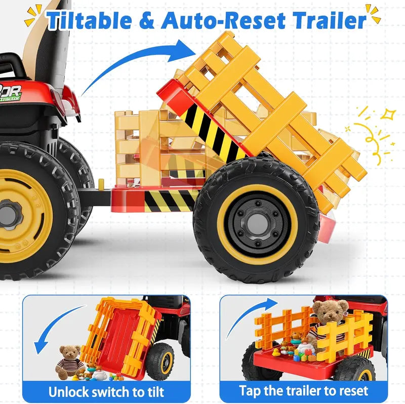 24V Ride-On Tractor for Kids – Tilting Detachable Trailer, Dual 65W Motors, Bluetooth, Remote Control & Music Features