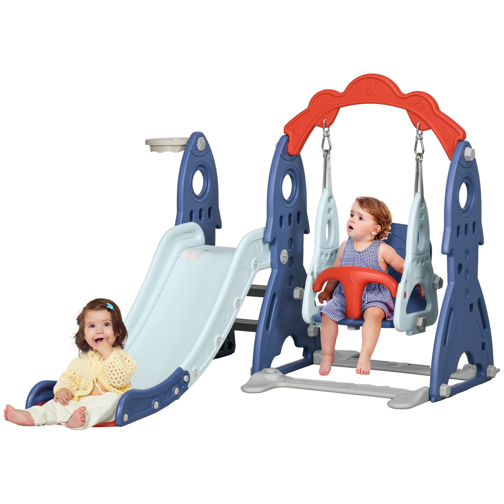 AIYAPLAY Spielplatz Set mit Rutsche und Schaukel für Kinder 3-in-1 mit Basketballkorb, 155L x 136B x 114H cm blau