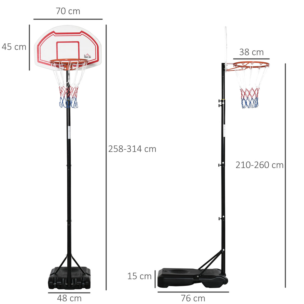 HOMCOM Outdoor-Basketballkorb mit Ständer und Standfuß zum Beschweren auf Rollen Höhenverstellbar 2,1-2,6 m (Basketballkorb) - Schwarz Weiß und Rot