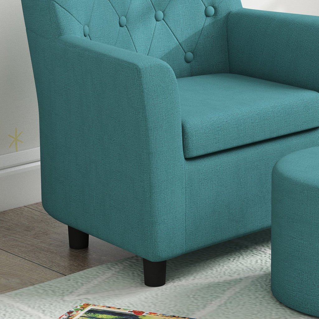 AIYAPLAY Kindersessel mit Hocker, Rückenlehne Diamantmuster, weiche Sitzfläche, Holzrahmen, Blau