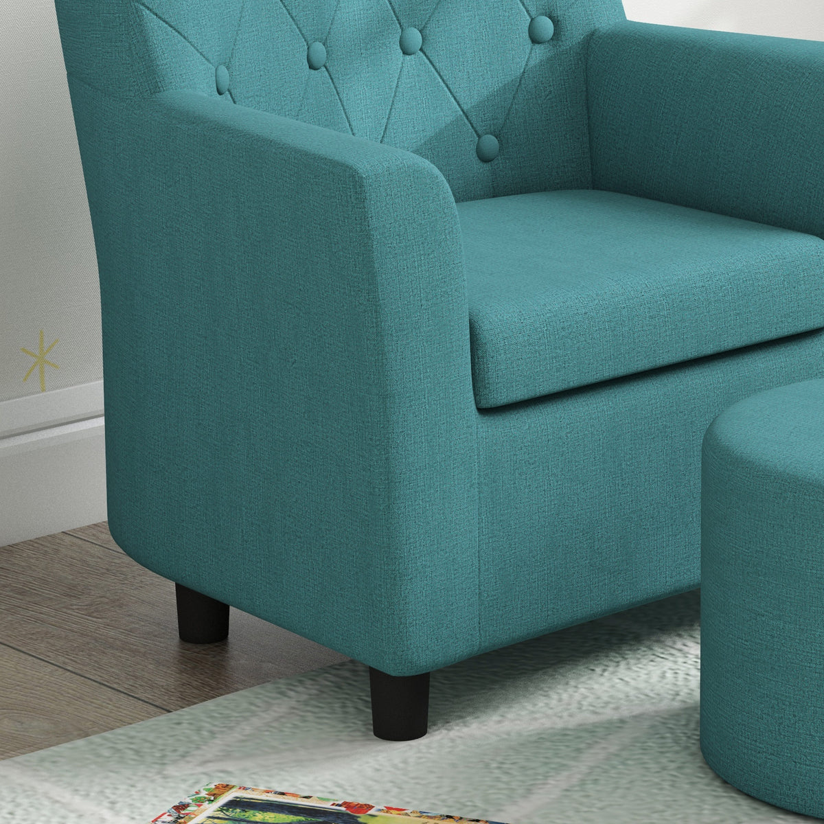 AIYAPLAY Kindersessel mit Hocker, Rückenlehne Diamantmuster, weiche Sitzfläche, Holzrahmen, Blau