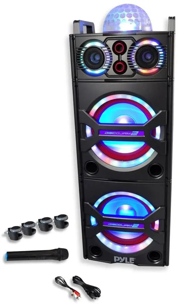 2000W Portable Bluetooth PA Speaker System – Outdoor Sound Amplifier with Mic Input, Party Lights, USB/SD/FM/AUX Support & Rolling Wheels
