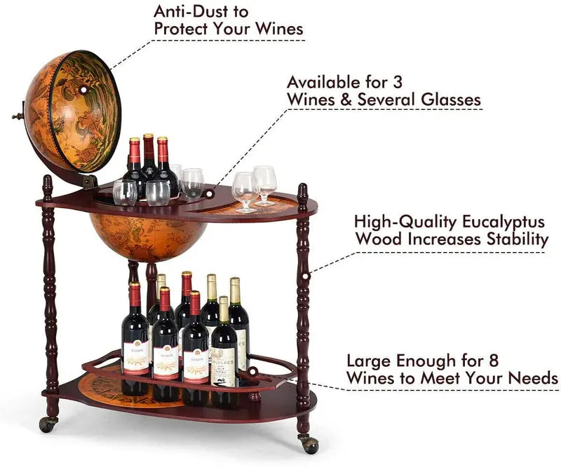 16th-Century Italian-Style Wine Bar Stand – 34-Inch Wood Globe Rack with Expanded Bottle Shelf